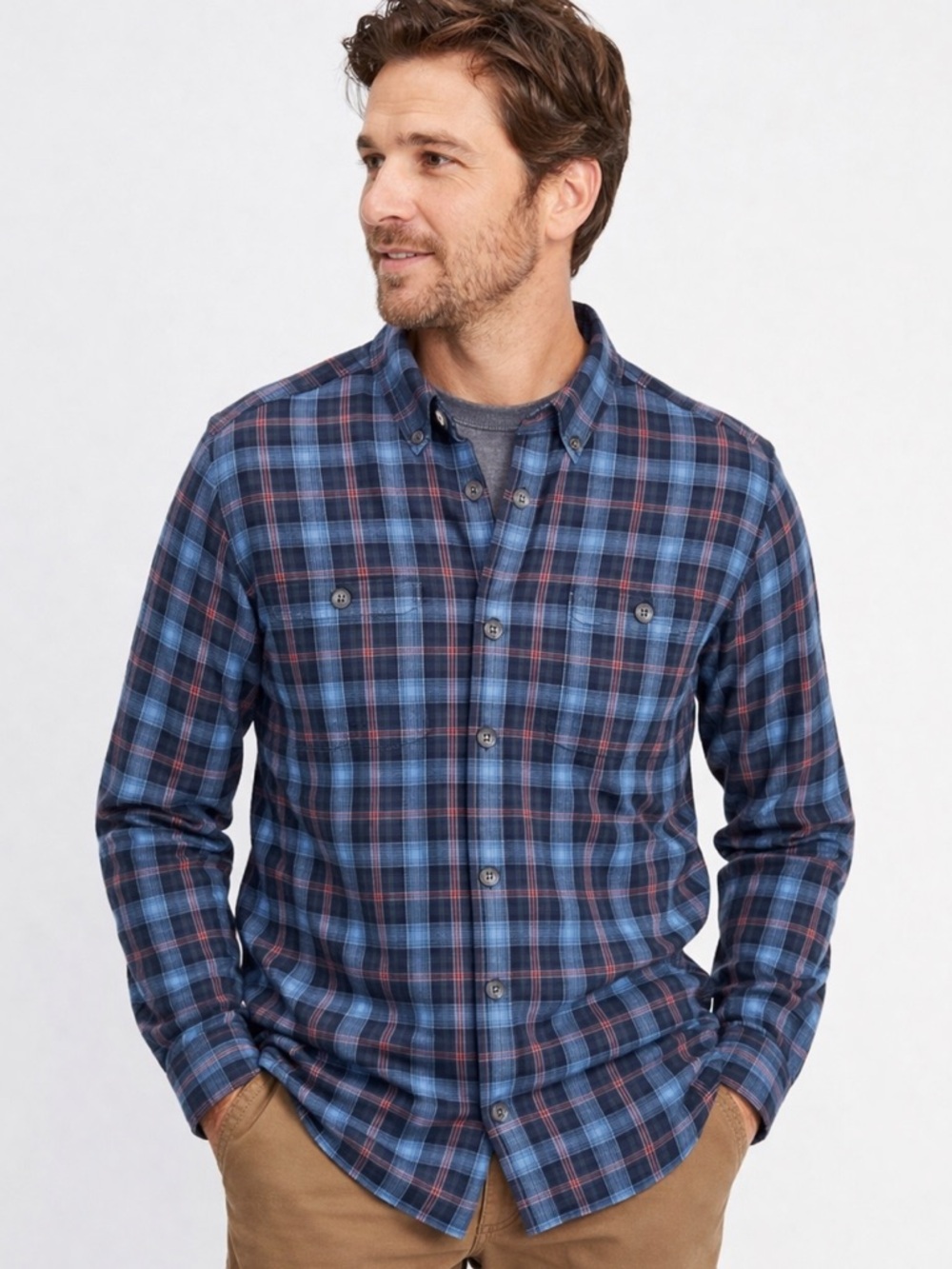 Duluth Trading Co Mens Large Flannel Blue Plaid Shirt Slim Fit